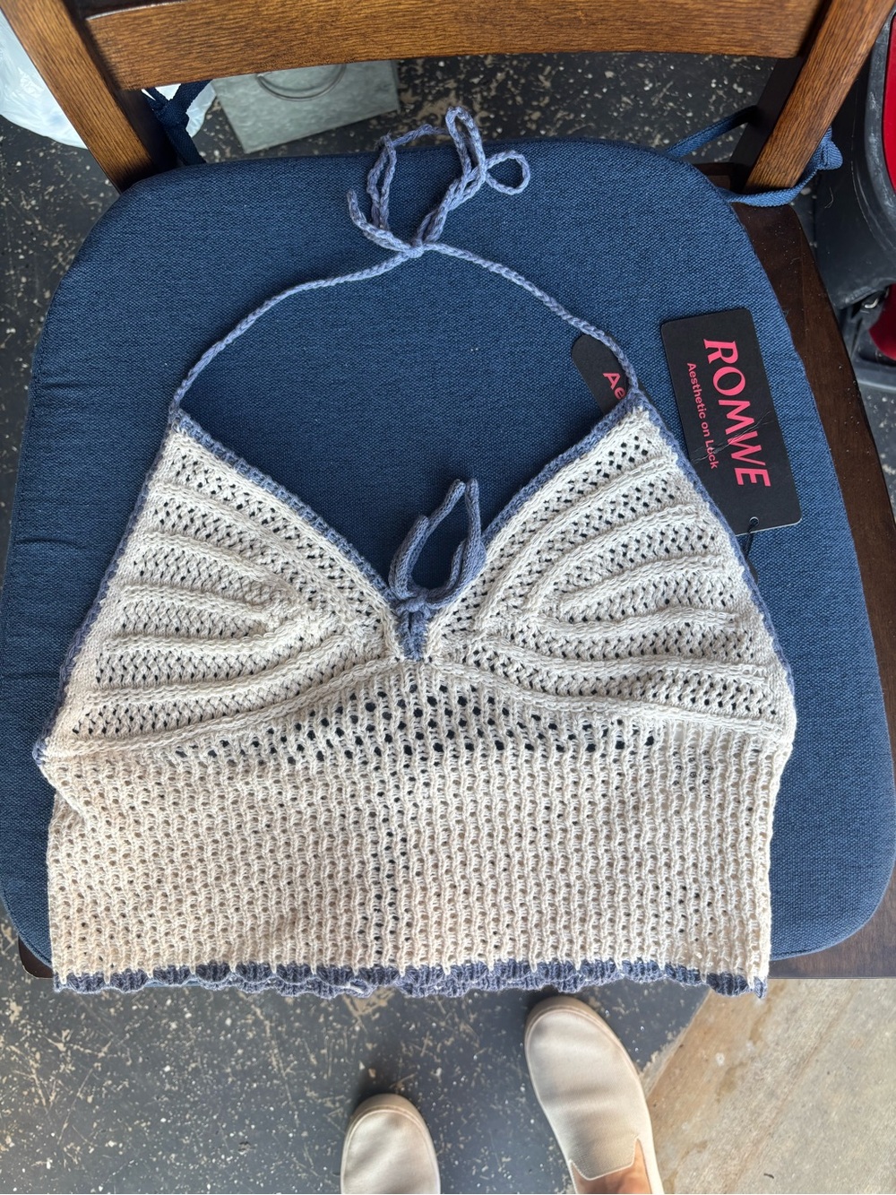 ROMWE Cream Crochet Halter Bralette with Blue Edge